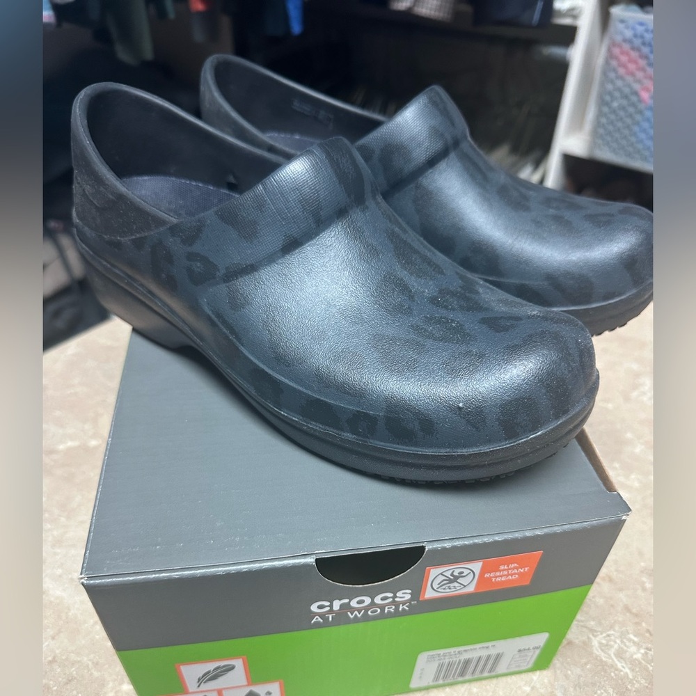 CROCS at Worn Black Leopard Print Clogs